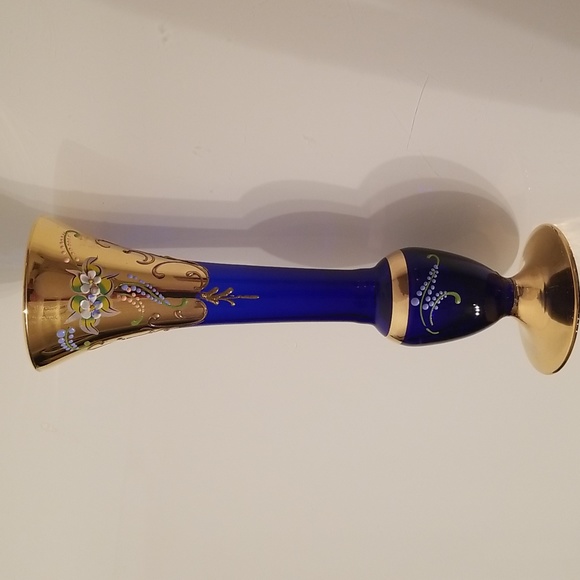 70s Vintage 24 Carat Gilded Venetian Cobalt Blue Blown Glass Bud Vase - Picture 4 of 17